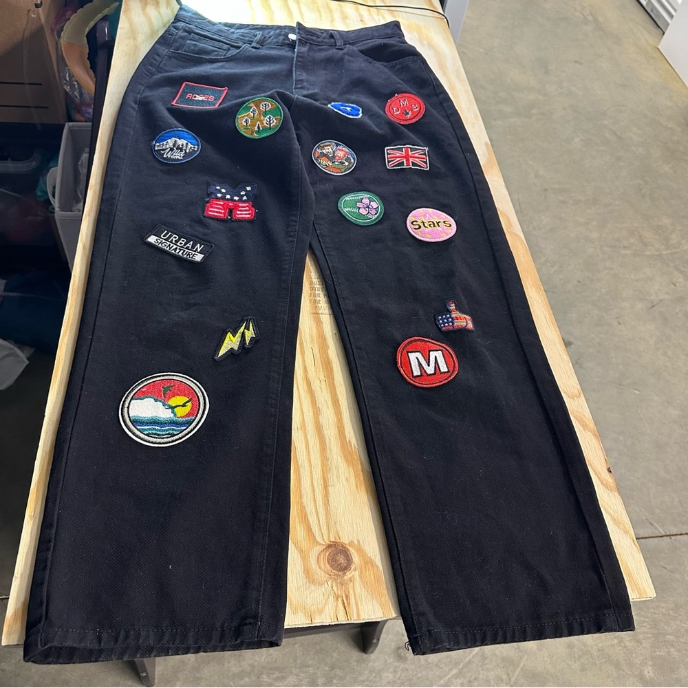Custom Patchwork Black Jeans Straight Leg Y2K Streetwear‎ Festival Pants